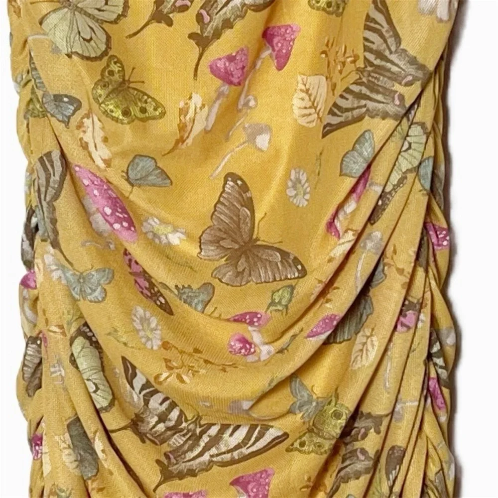 Forever 21 Yellow Butterfly Print Ruched Mini Dress size medium boho fairy - Picture 6 of 7
